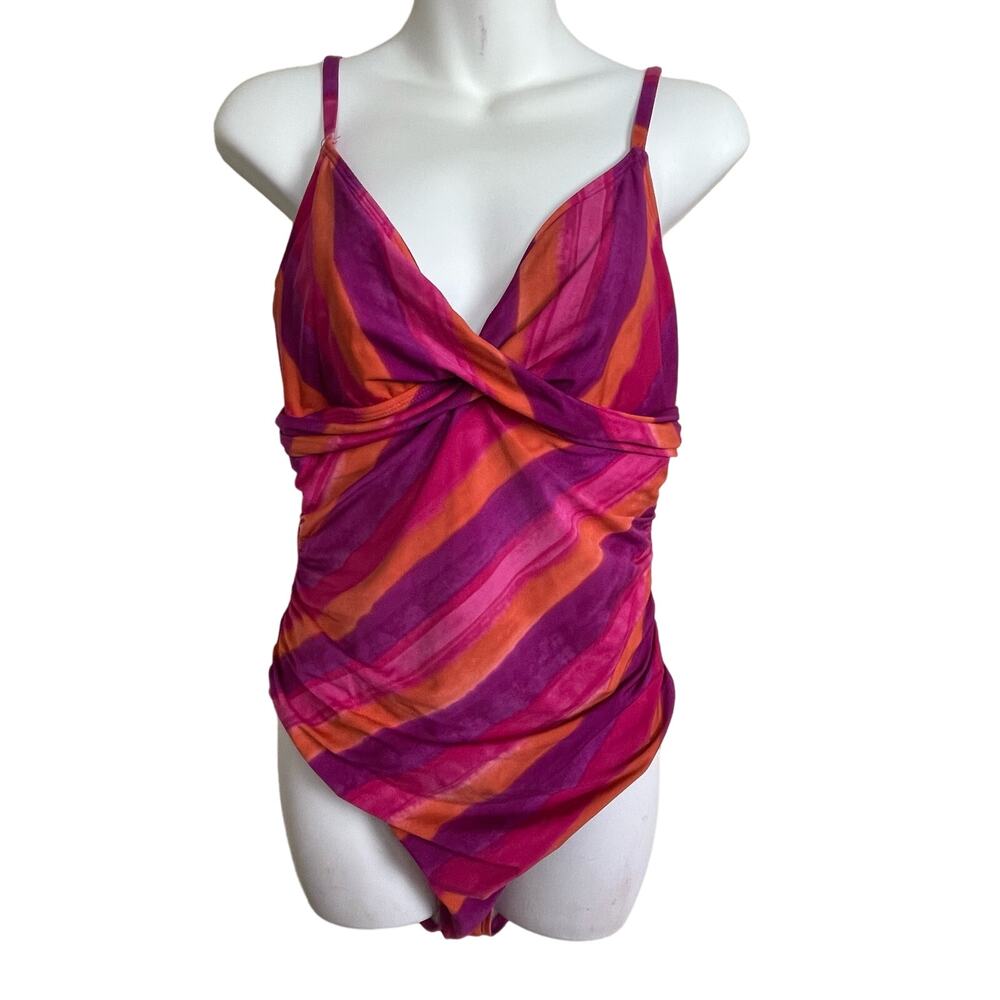 Lauren Ralph Lauren Striped One-Piece Swimsuit Size 12 Slimming Fit Ruched Sides